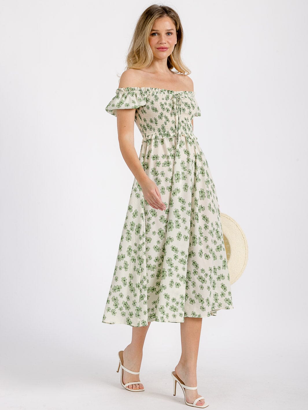 WOMEN'S SHORT SLEEVE OFF SHOULDER SMOCK FLORAL MIDI DRESS