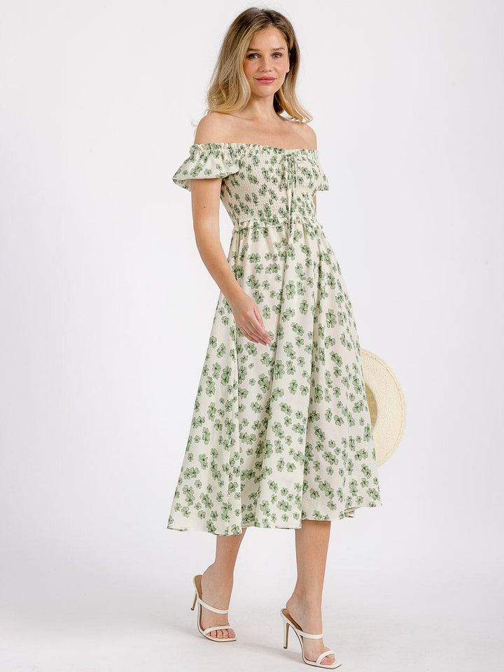 WOMEN'S SHORT SLEEVE OFF SHOULDER SMOCK FLORAL MIDI DRESS