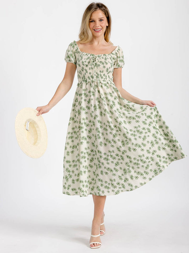 WOMEN'S SHORT SLEEVE OFF SHOULDER SMOCK FLORAL MIDI DRESS