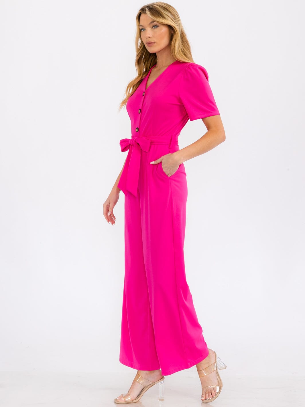 WOMEN'S SHORT SLEEVE BUTTON UP SELF TIE FRONT POCKETS WIDE LEG JUMPSUIT