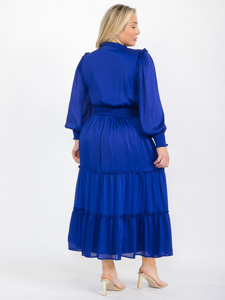 PLUS SIZE LONG SLEEVE V-NECK ELASTIC WAIST TIERED MAXI DRESS