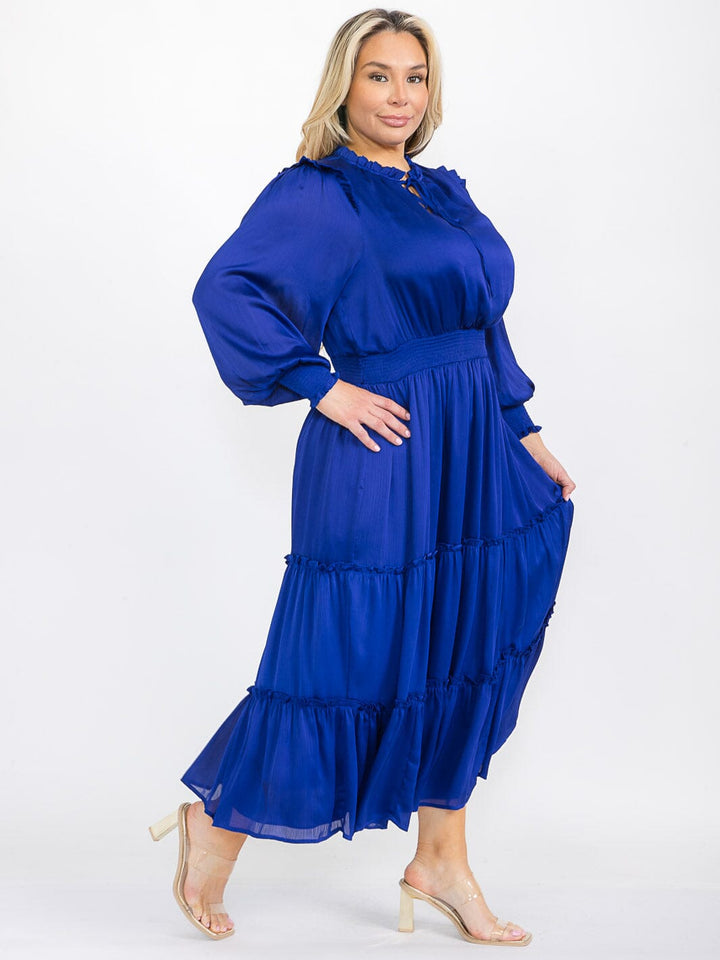 PLUS SIZE LONG SLEEVE V-NECK ELASTIC WAIST TIERED MAXI DRESS