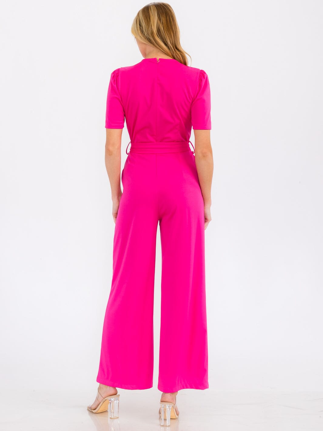 WOMEN'S SHORT SLEEVE BUTTON UP SELF TIE FRONT POCKETS WIDE LEG JUMPSUIT