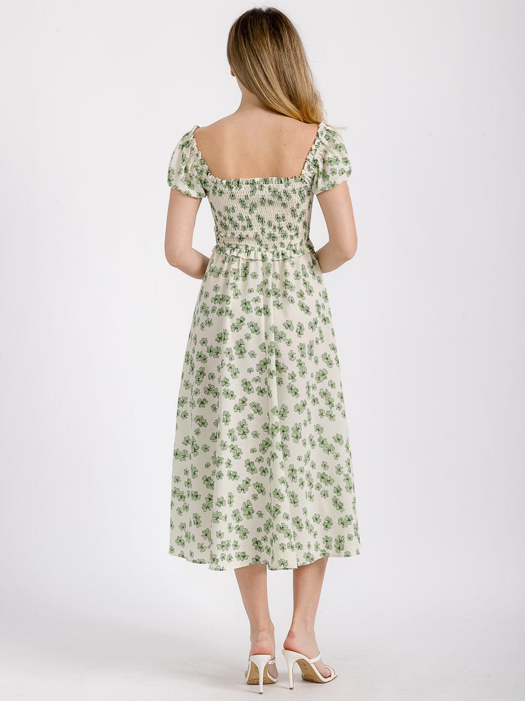 WOMEN'S SHORT SLEEVE OFF SHOULDER SMOCK FLORAL MIDI DRESS