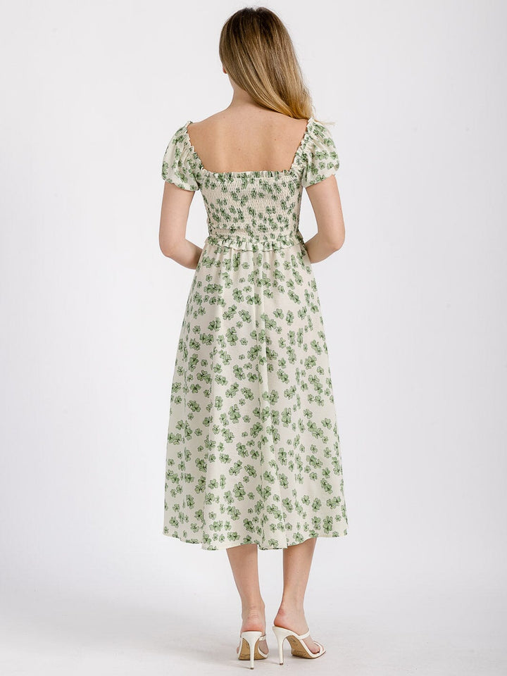 WOMEN'S SHORT SLEEVE OFF SHOULDER SMOCK FLORAL MIDI DRESS