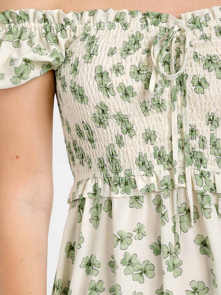 WOMEN'S SHORT SLEEVE OFF SHOULDER SMOCK FLORAL MIDI DRESS