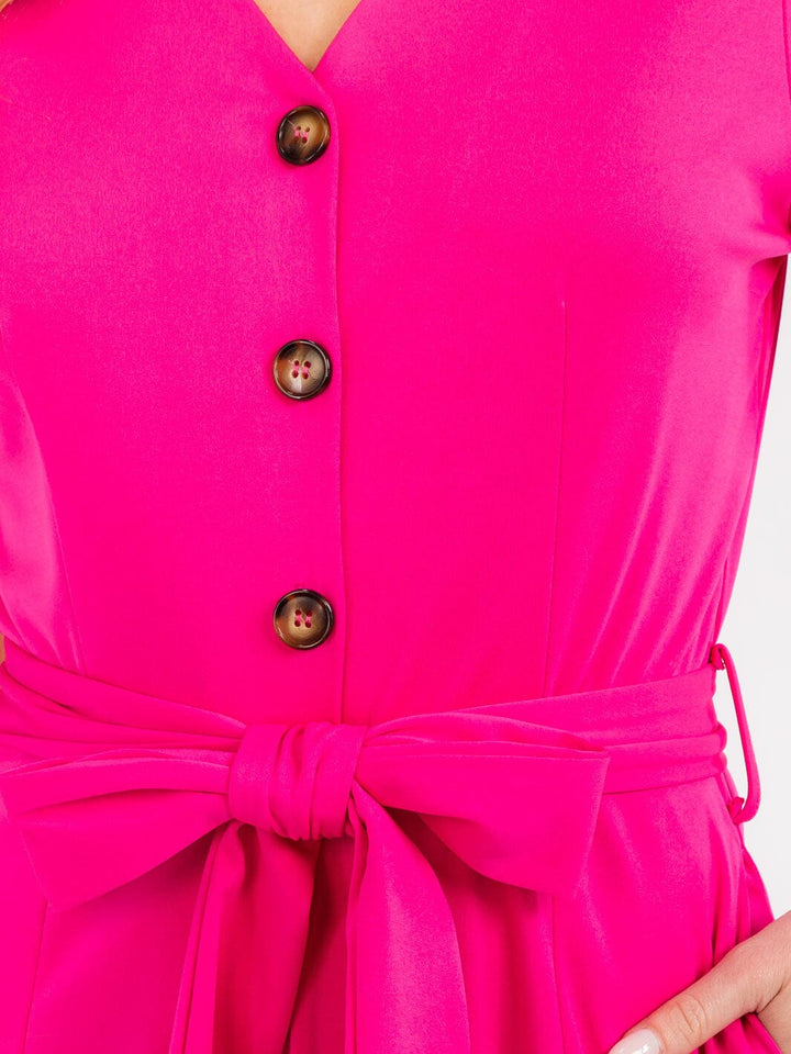 WOMEN'S SHORT SLEEVE BUTTON UP SELF TIE FRONT POCKETS WIDE LEG JUMPSUIT