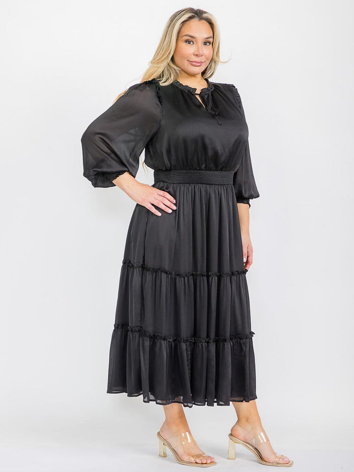 PLUS SIZE LONG SLEEVE V-NECK ELASTIC WAIST TIERED MAXI DRESS