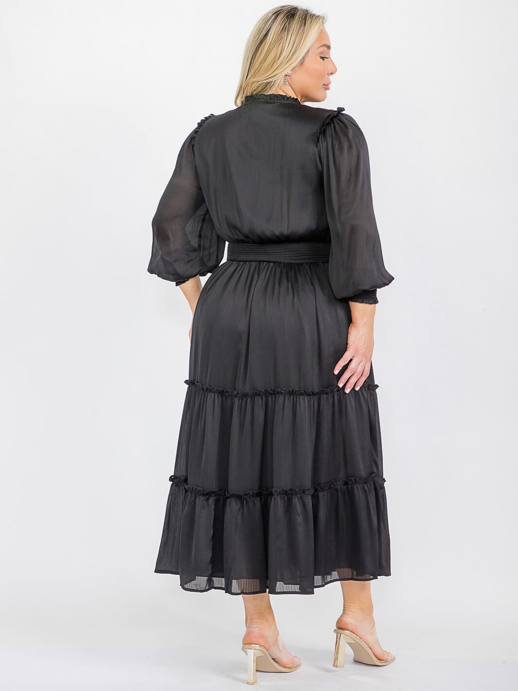 PLUS SIZE LONG SLEEVE V-NECK ELASTIC WAIST TIERED MAXI DRESS