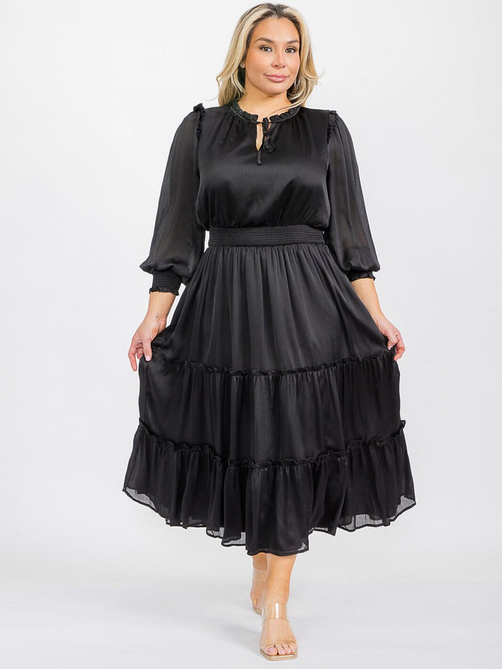 PLUS SIZE LONG SLEEVE V-NECK ELASTIC WAIST TIERED MAXI DRESS
