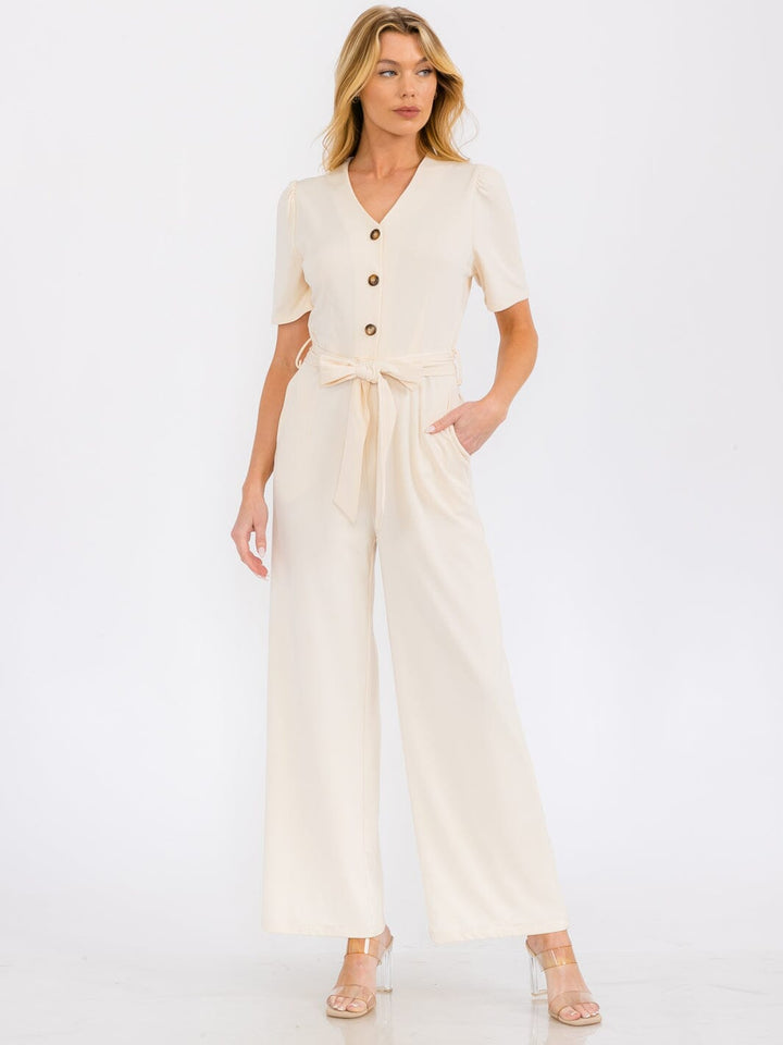 WOMEN'S SHORT SLEEVE BUTTON UP SELF TIE FRONT POCKETS WIDE LEG JUMPSUIT