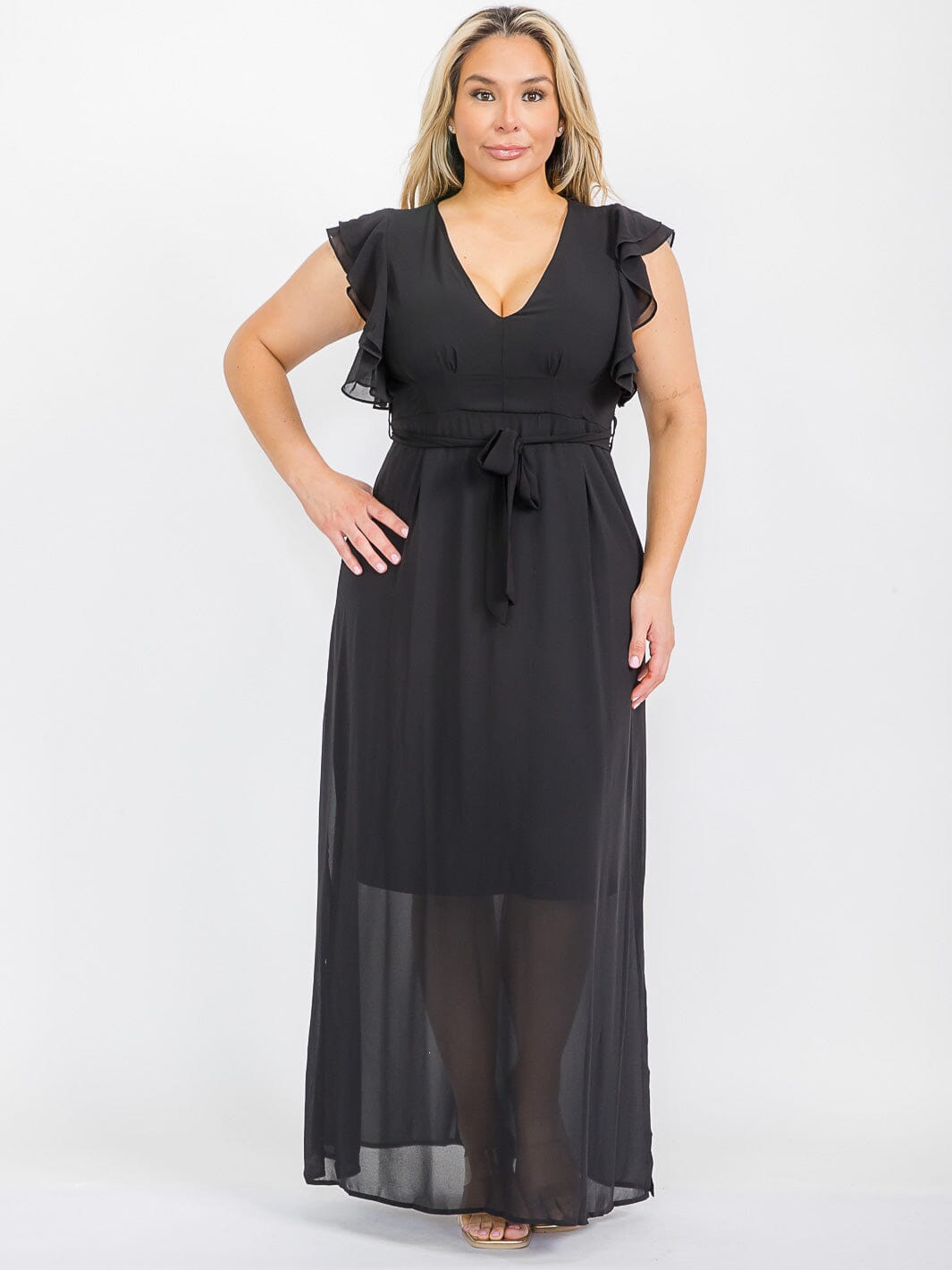 PLUS SIZE RUFFLE SLEEVE V-NECK SELF TIE MAXI DRESS
