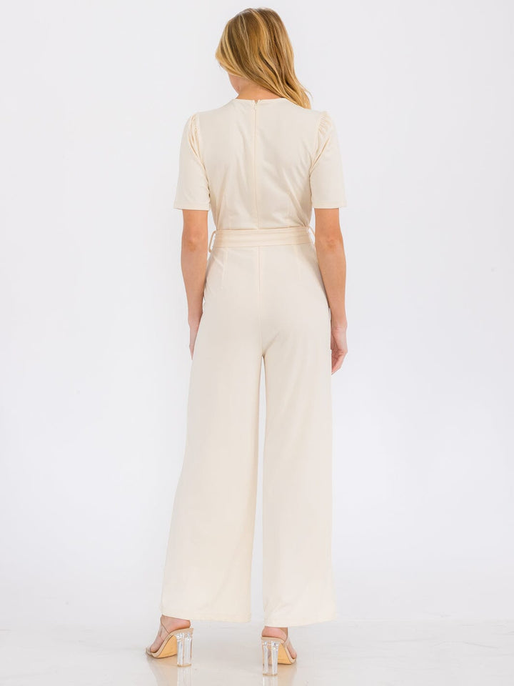 WOMEN'S SHORT SLEEVE BUTTON UP SELF TIE FRONT POCKETS WIDE LEG JUMPSUIT