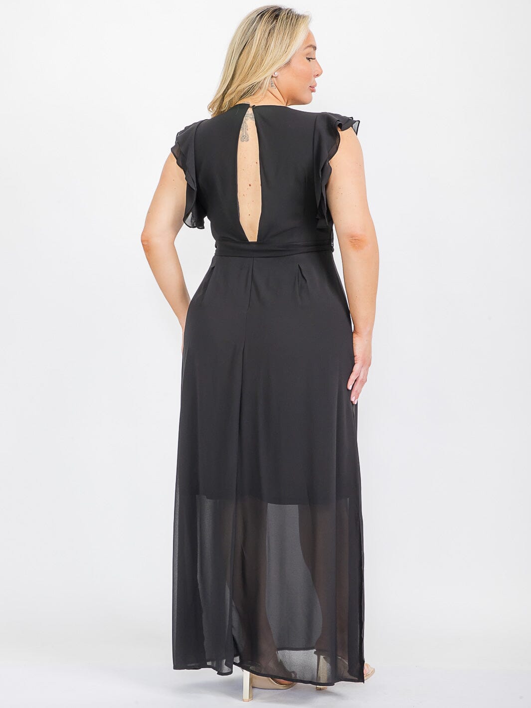 PLUS SIZE RUFFLE SLEEVE V-NECK SELF TIE MAXI DRESS