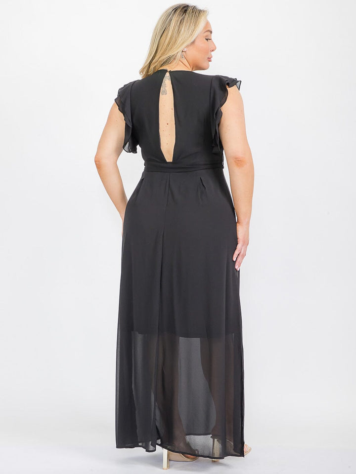 PLUS SIZE RUFFLE SLEEVE V-NECK SELF TIE MAXI DRESS