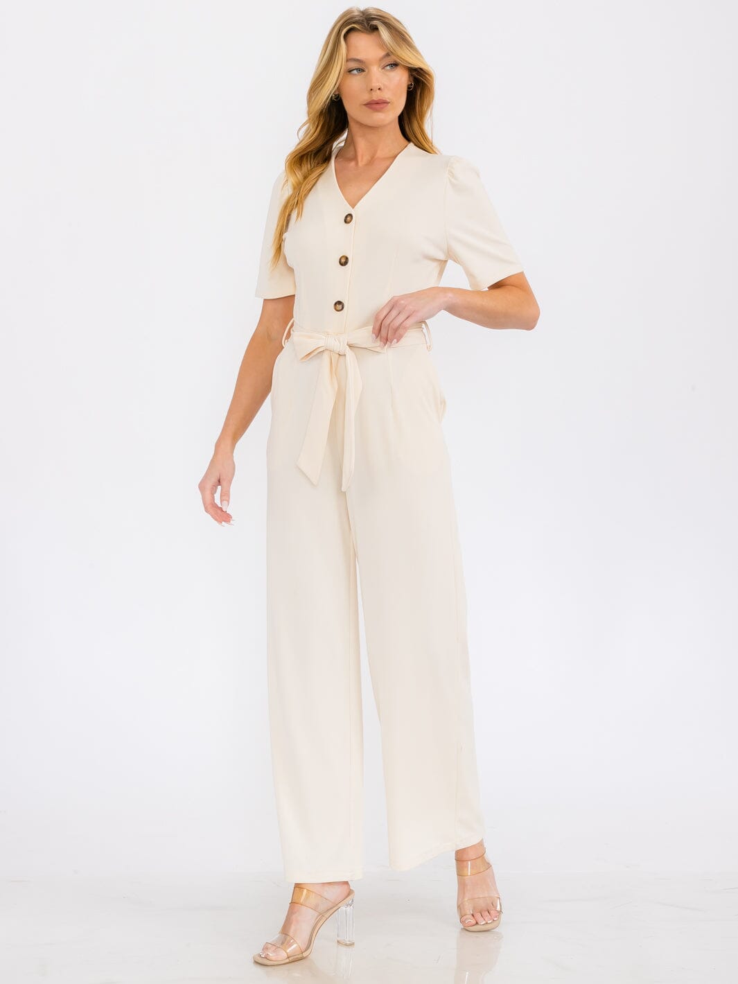 WOMEN'S SHORT SLEEVE BUTTON UP SELF TIE FRONT POCKETS WIDE LEG JUMPSUIT