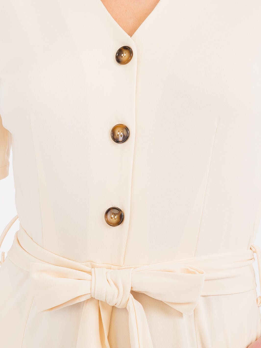 WOMEN'S SHORT SLEEVE BUTTON UP SELF TIE FRONT POCKETS WIDE LEG JUMPSUIT