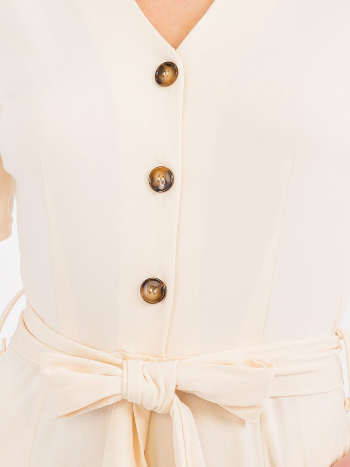 WOMEN'S SHORT SLEEVE BUTTON UP SELF TIE FRONT POCKETS WIDE LEG JUMPSUIT