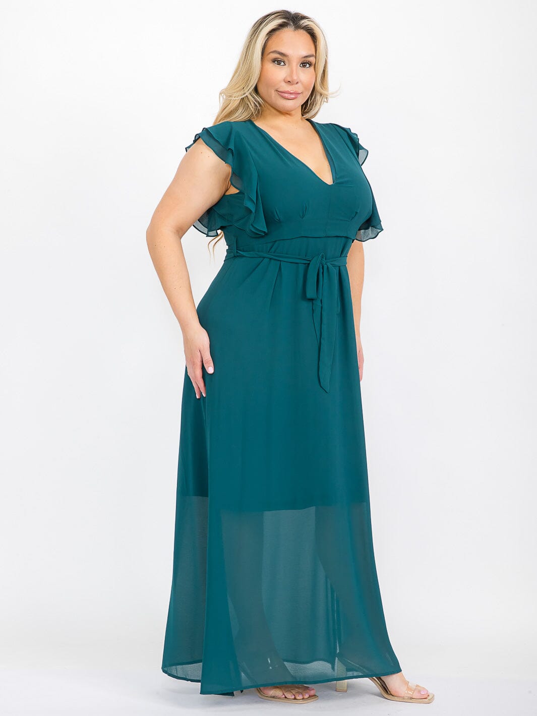 PLUS SIZE RUFFLE SLEEVE V-NECK SELF TIE MAXI DRESS