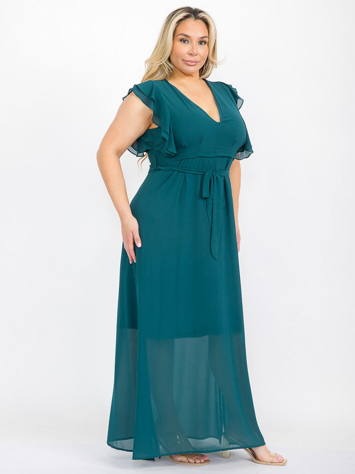 PLUS SIZE RUFFLE SLEEVE V-NECK SELF TIE MAXI DRESS