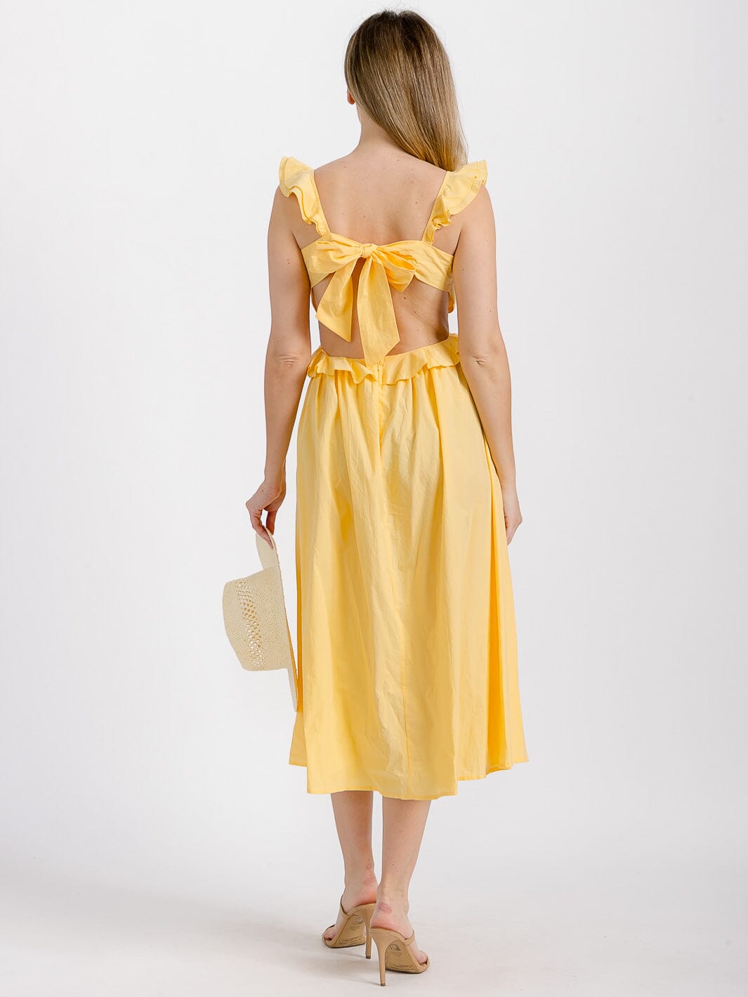 WOMEN'S SLEEVELESS V-NECK RUFFLE CUT OUT MIDI DRESS