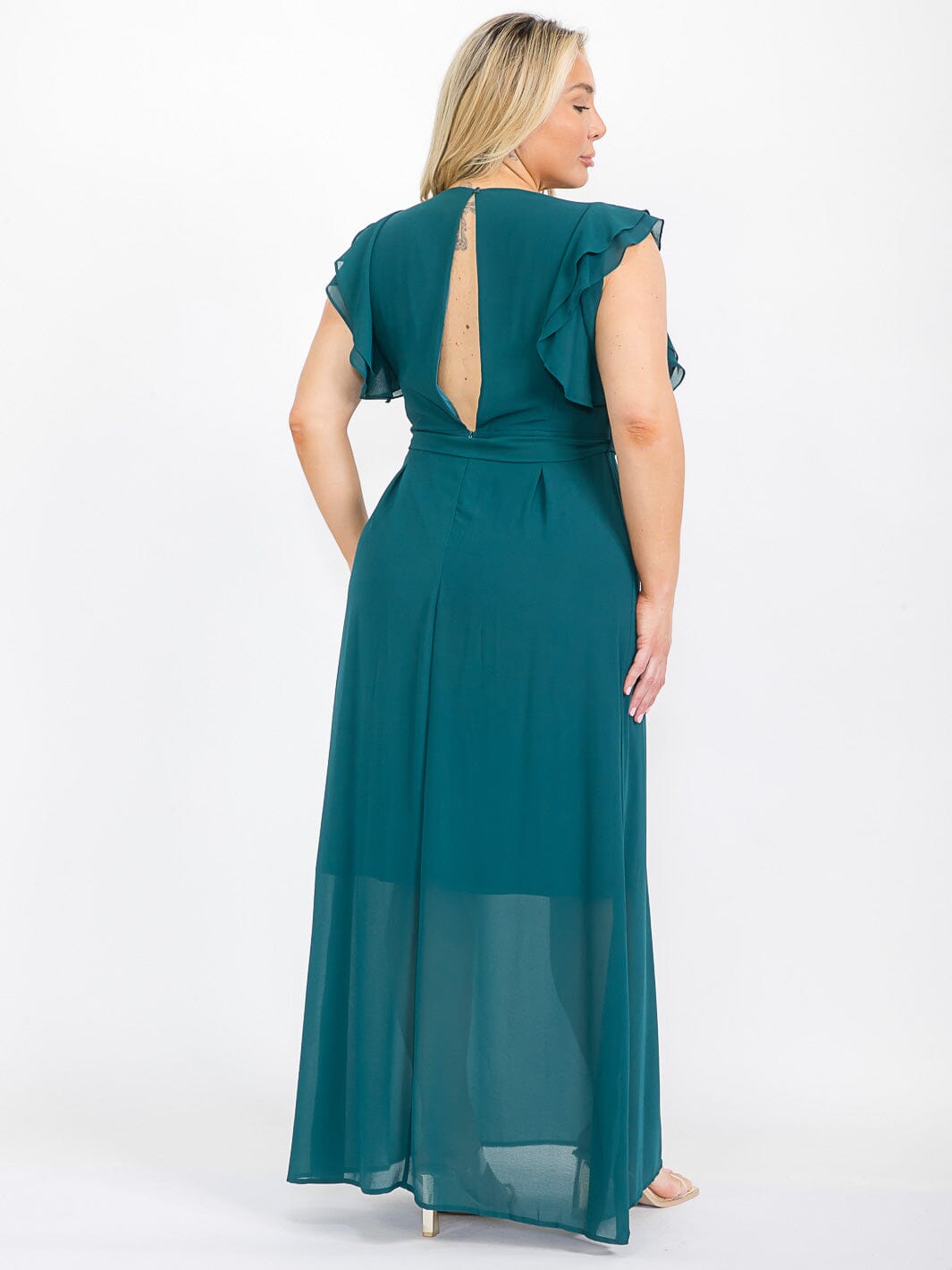 PLUS SIZE RUFFLE SLEEVE V-NECK SELF TIE MAXI DRESS