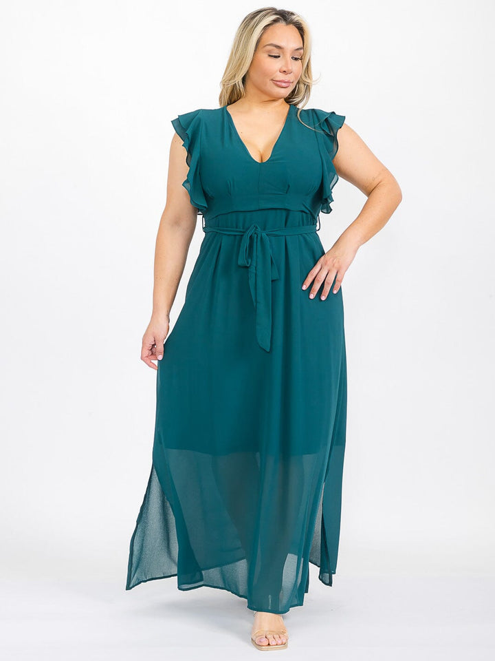PLUS SIZE RUFFLE SLEEVE V-NECK SELF TIE MAXI DRESS
