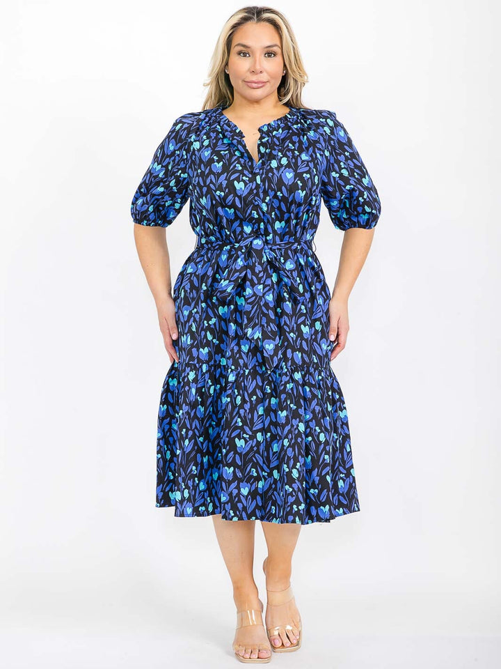 PLUS SIZE SHORT SLEEVE FRONT POCKETS BUTTON CLOSURE TIERED FLORAL MIDI DRESS