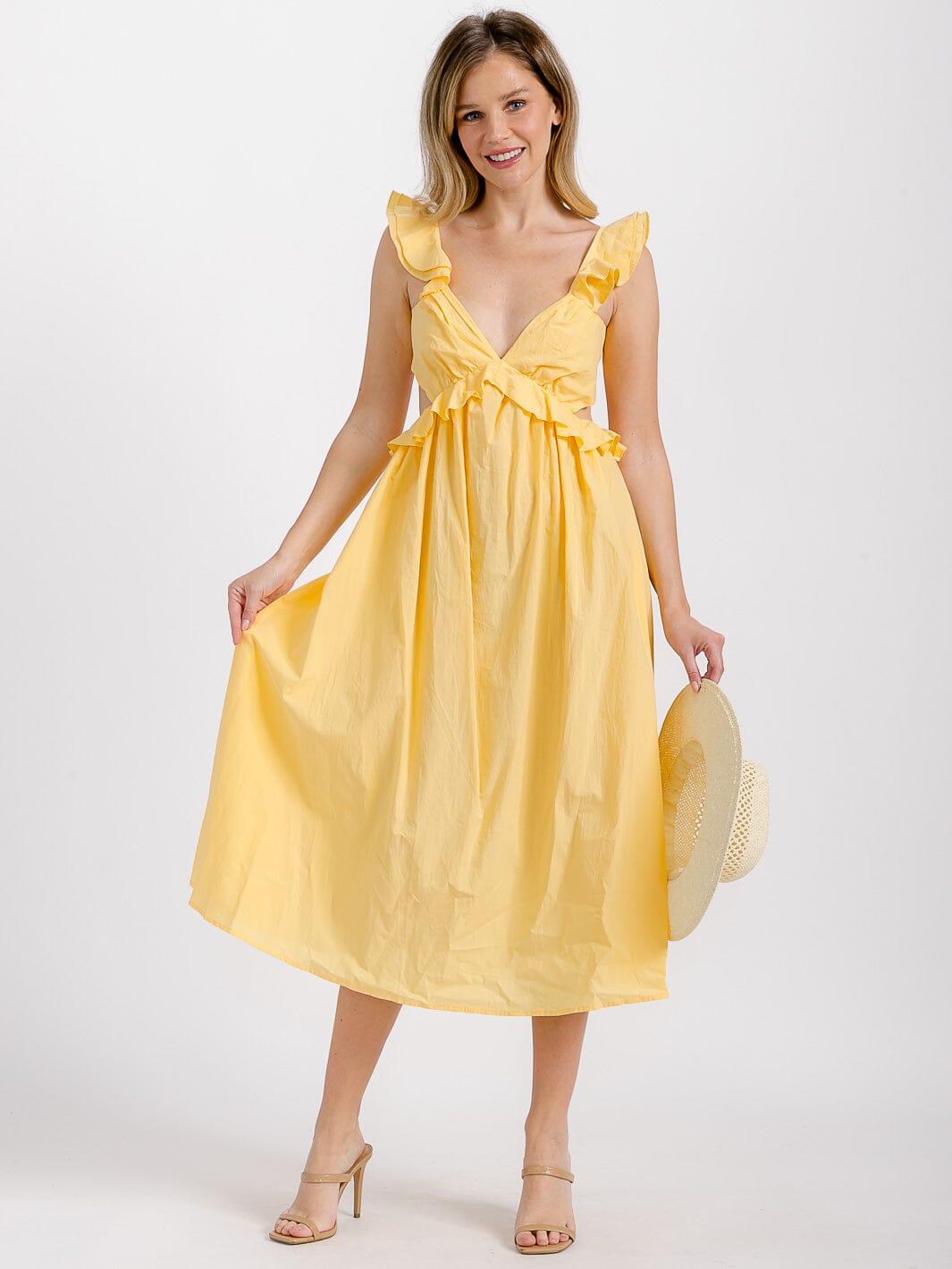 WOMEN'S SLEEVELESS V-NECK RUFFLE CUT OUT MIDI DRESS