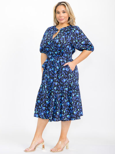 PLUS SIZE SHORT SLEEVE FRONT POCKETS BUTTON CLOSURE TIERED FLORAL MIDI DRESS