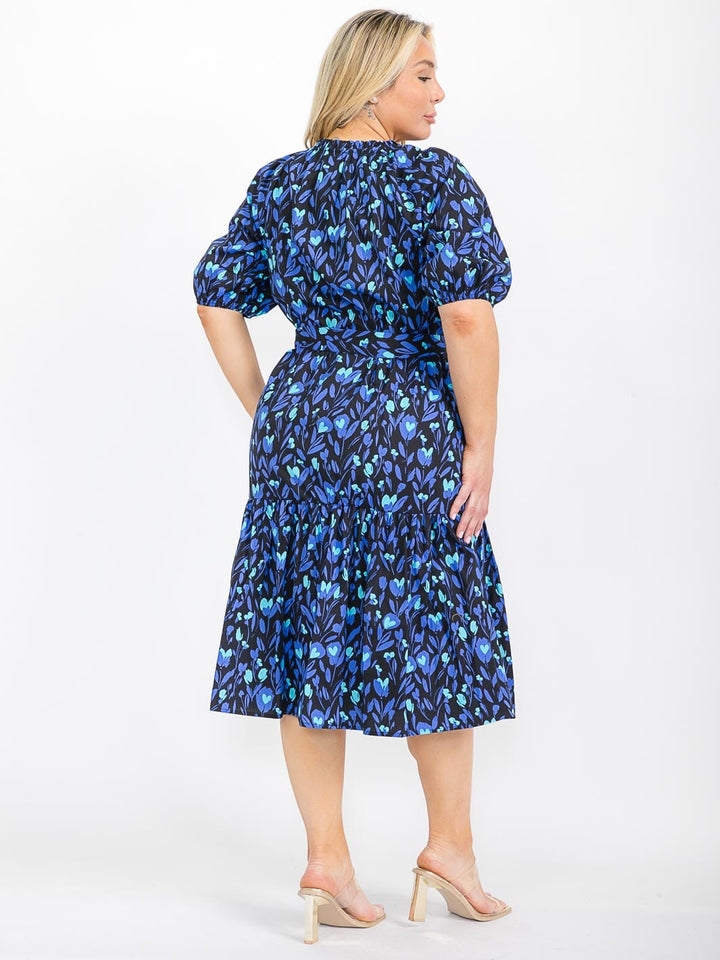 PLUS SIZE SHORT SLEEVE FRONT POCKETS BUTTON CLOSURE TIERED FLORAL MIDI DRESS