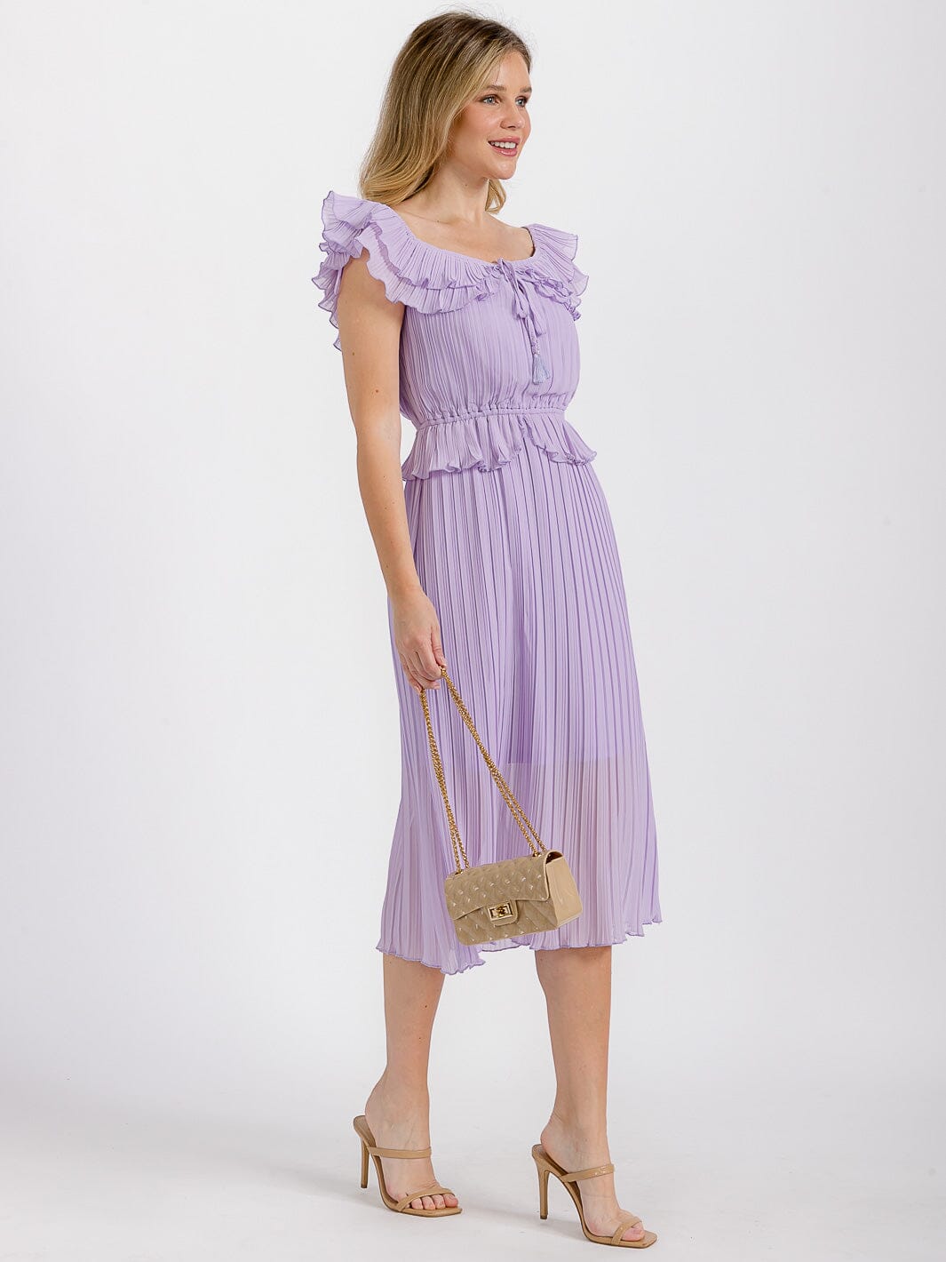 WOMEN'S SHORT RUFFLE SLEEVE ELASTIC WAIST PLEATED MIDI DRESS