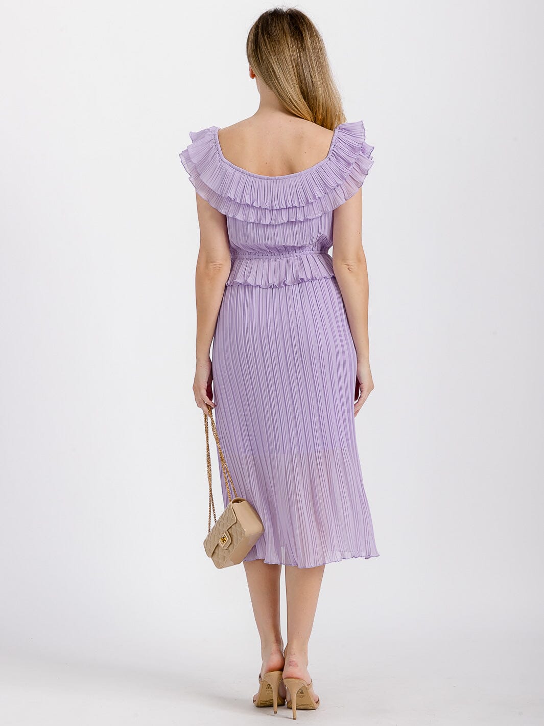 WOMEN'S SHORT RUFFLE SLEEVE ELASTIC WAIST PLEATED MIDI DRESS