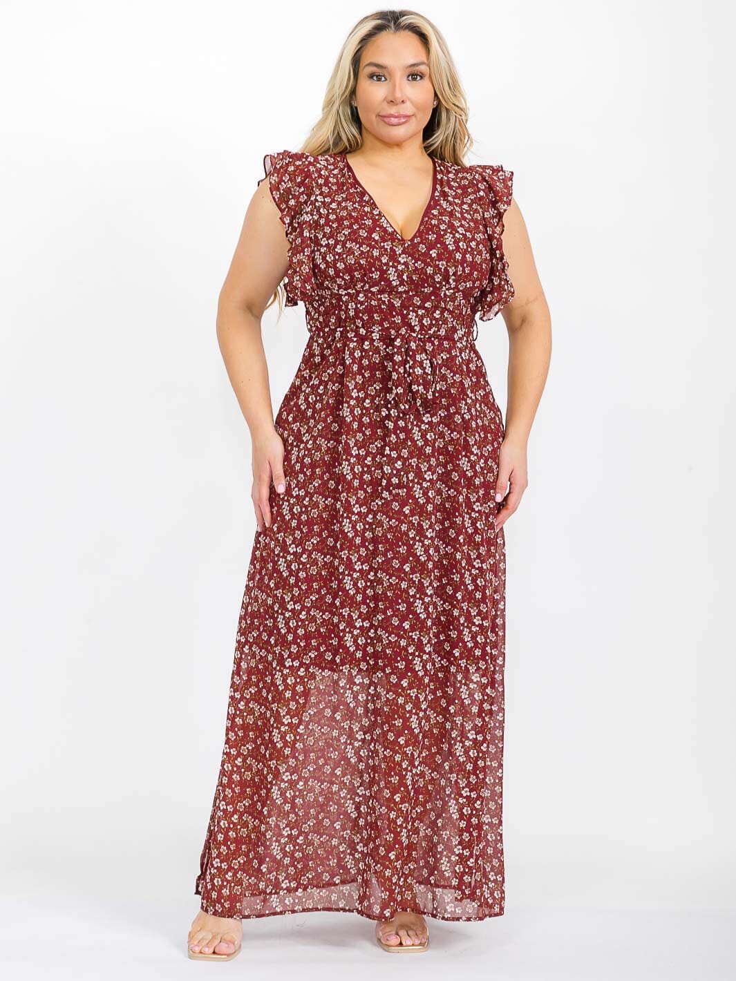 PLUS SIZE RUFFLE SLEEVE V-NECK OPEN BACK FLORAL MAXI DRESS