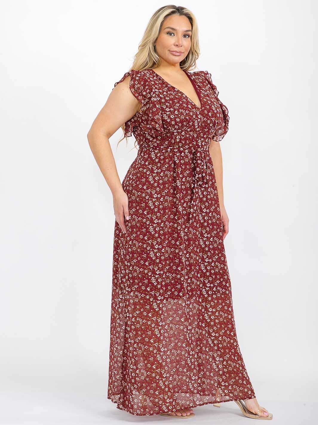 PLUS SIZE RUFFLE SLEEVE V-NECK OPEN BACK FLORAL MAXI DRESS