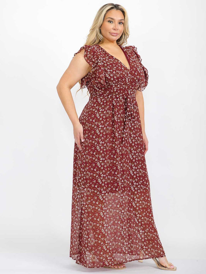 PLUS SIZE RUFFLE SLEEVE V-NECK OPEN BACK FLORAL MAXI DRESS