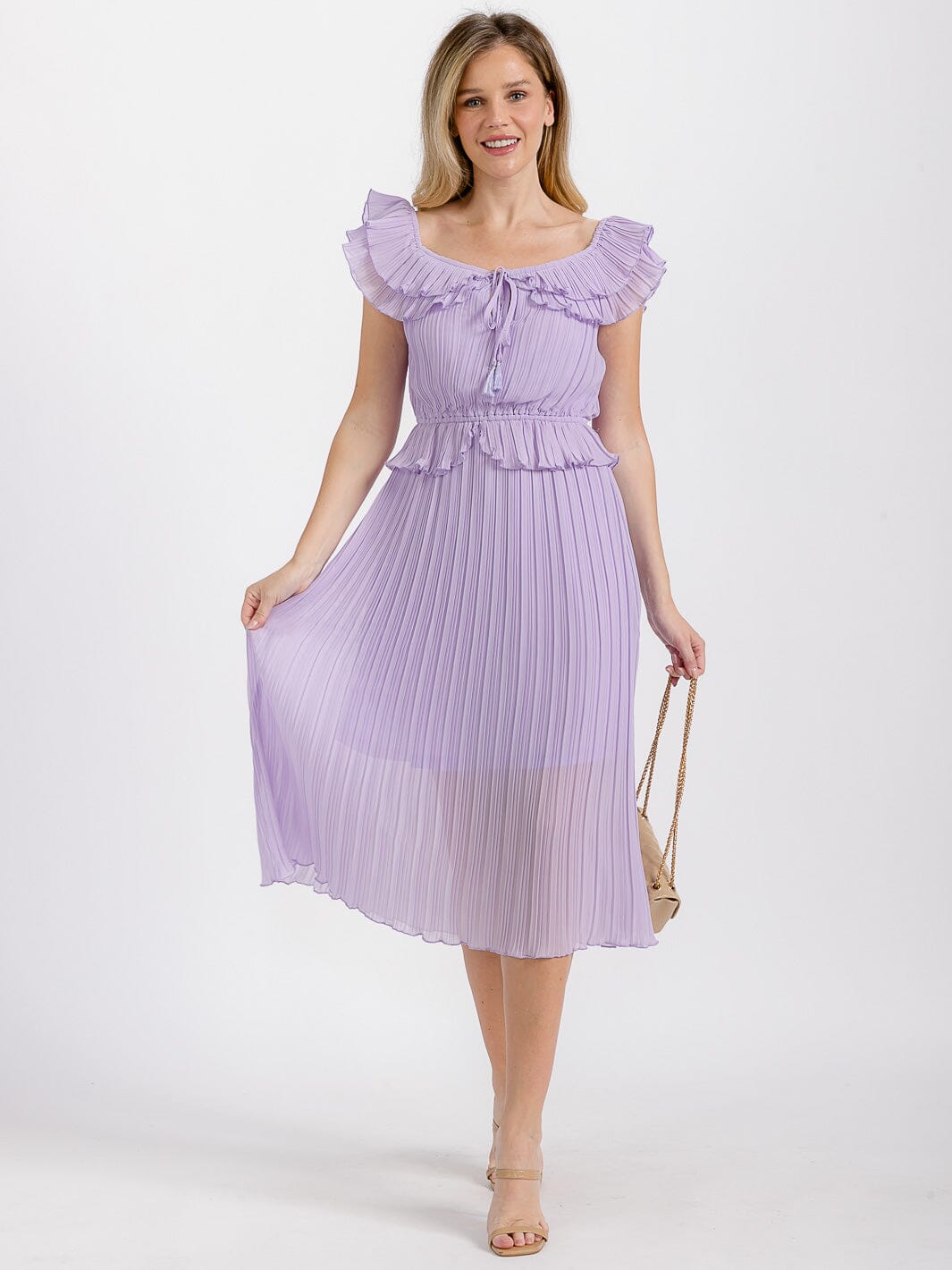WOMEN'S SHORT RUFFLE SLEEVE ELASTIC WAIST PLEATED MIDI DRESS