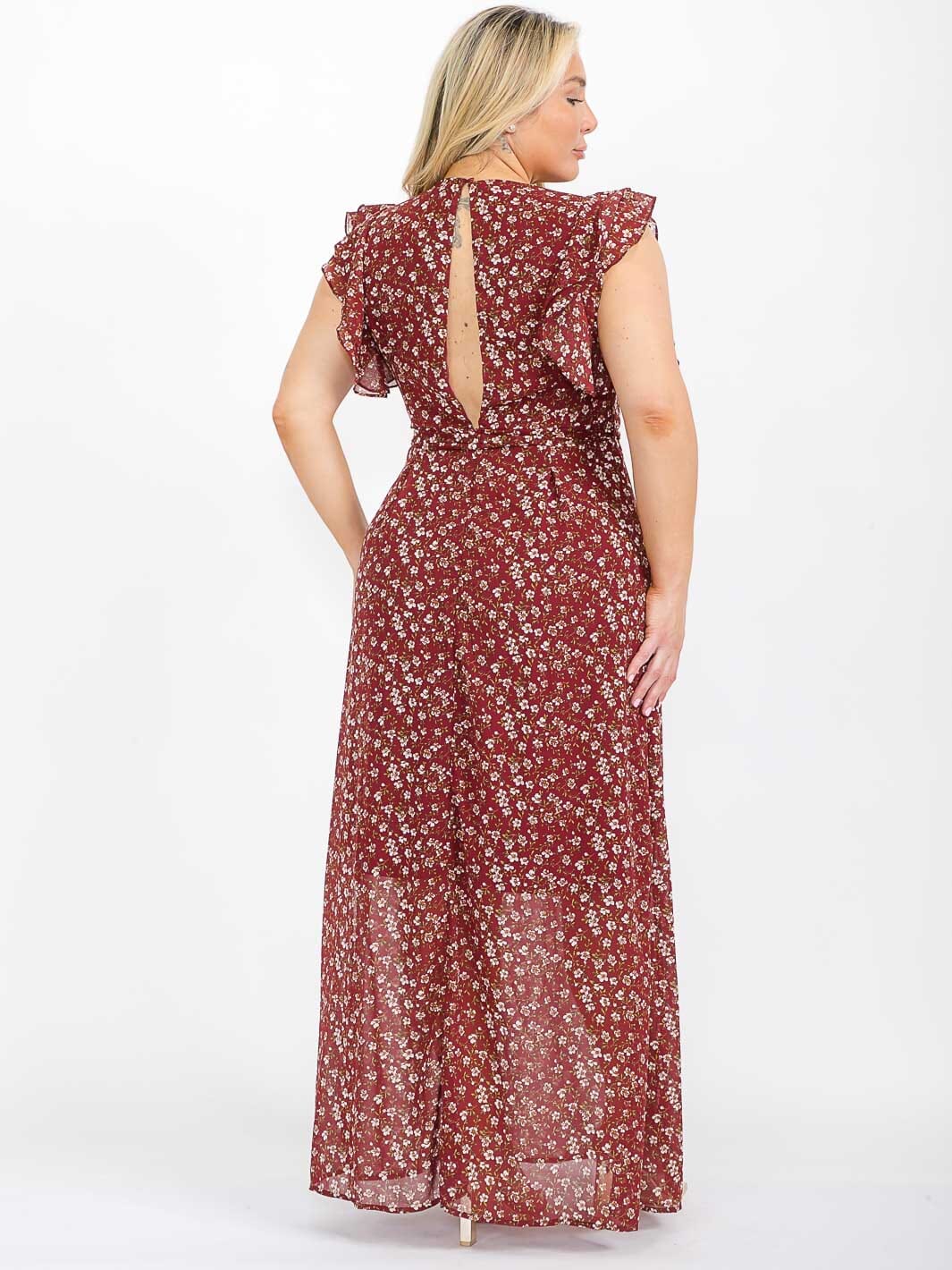 PLUS SIZE RUFFLE SLEEVE V-NECK OPEN BACK FLORAL MAXI DRESS
