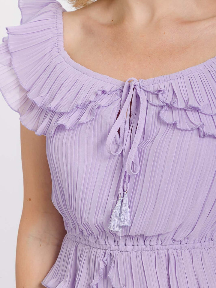 WOMEN'S SHORT RUFFLE SLEEVE ELASTIC WAIST PLEATED MIDI DRESS