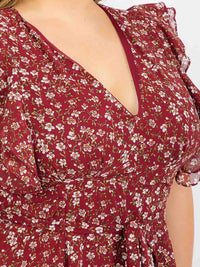 PLUS SIZE RUFFLE SLEEVE V-NECK OPEN BACK FLORAL MAXI DRESS