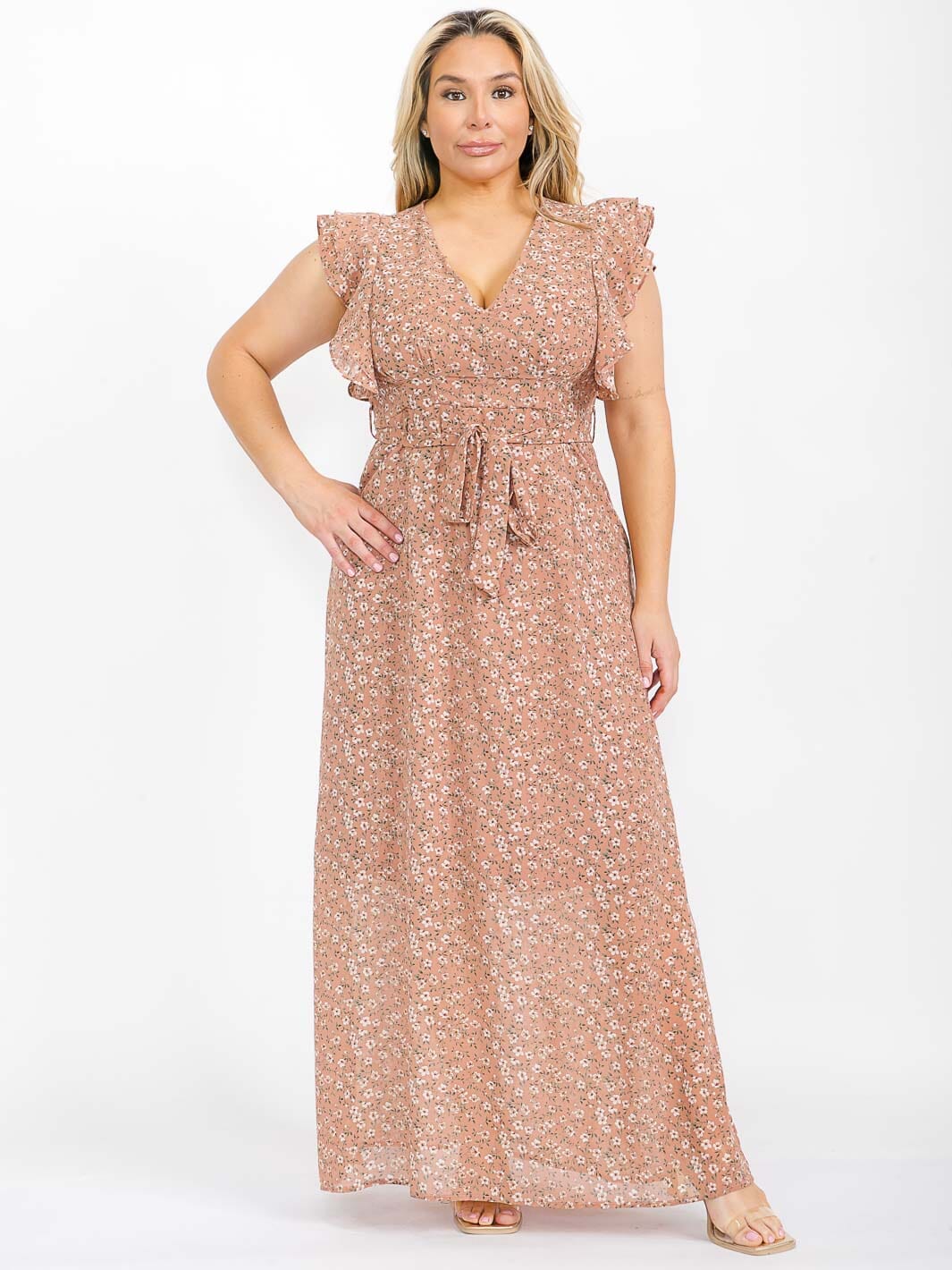 PLUS SIZE RUFFLE SLEEVE V-NECK OPEN BACK FLORAL MAXI DRESS