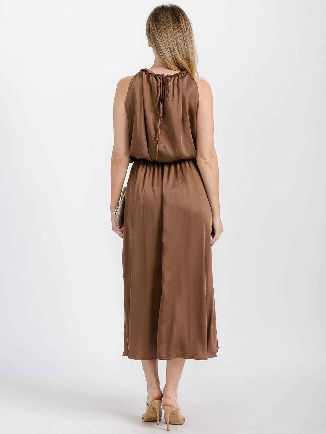 WOMEN'S SLEEVELESS HALTER NECK FRONT POCKETS ELASTIC WAIST MAXI DRESS
