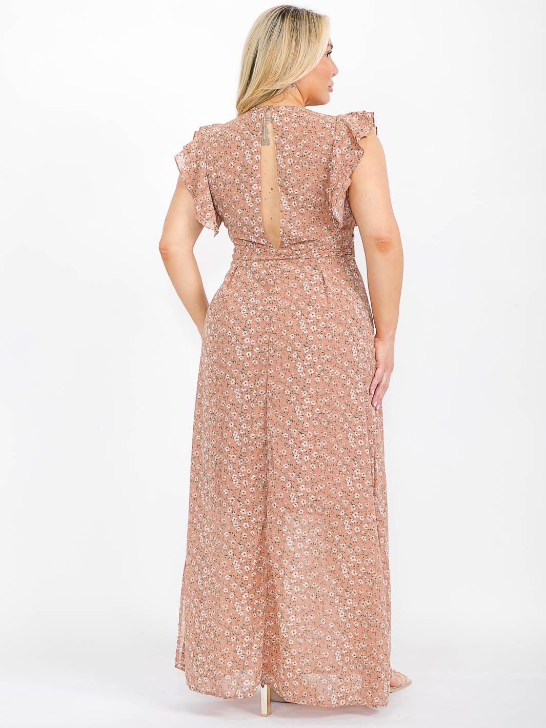 PLUS SIZE RUFFLE SLEEVE V-NECK OPEN BACK FLORAL MAXI DRESS