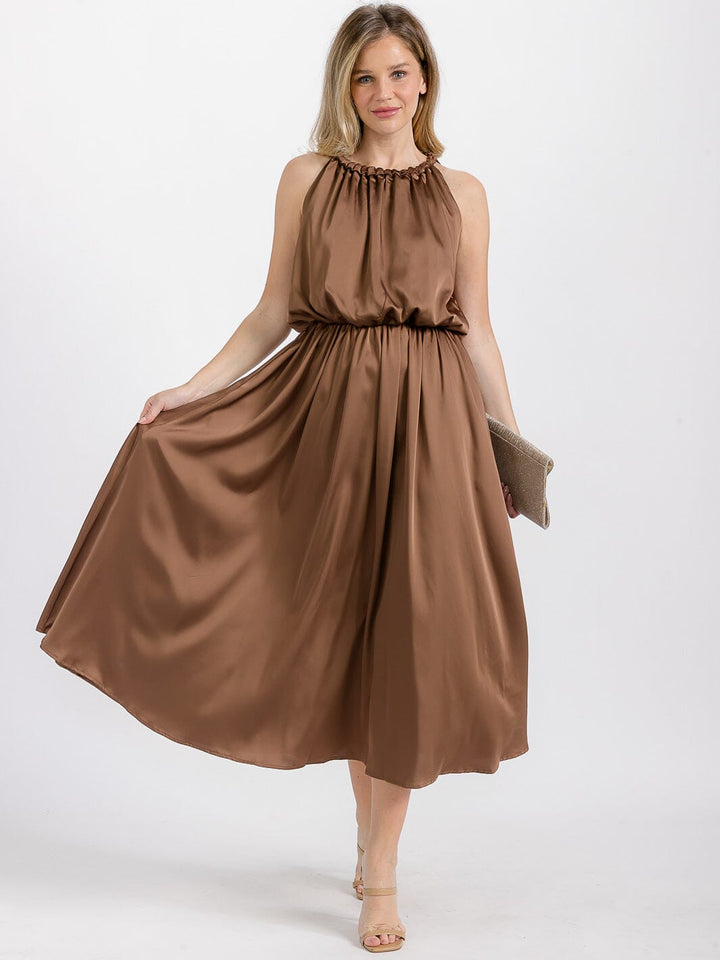 WOMEN'S SLEEVELESS HALTER NECK FRONT POCKETS ELASTIC WAIST MAXI DRESS