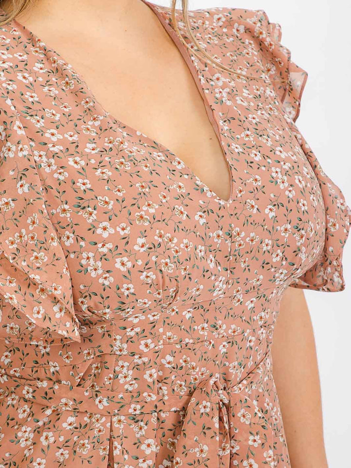 PLUS SIZE RUFFLE SLEEVE V-NECK OPEN BACK FLORAL MAXI DRESS