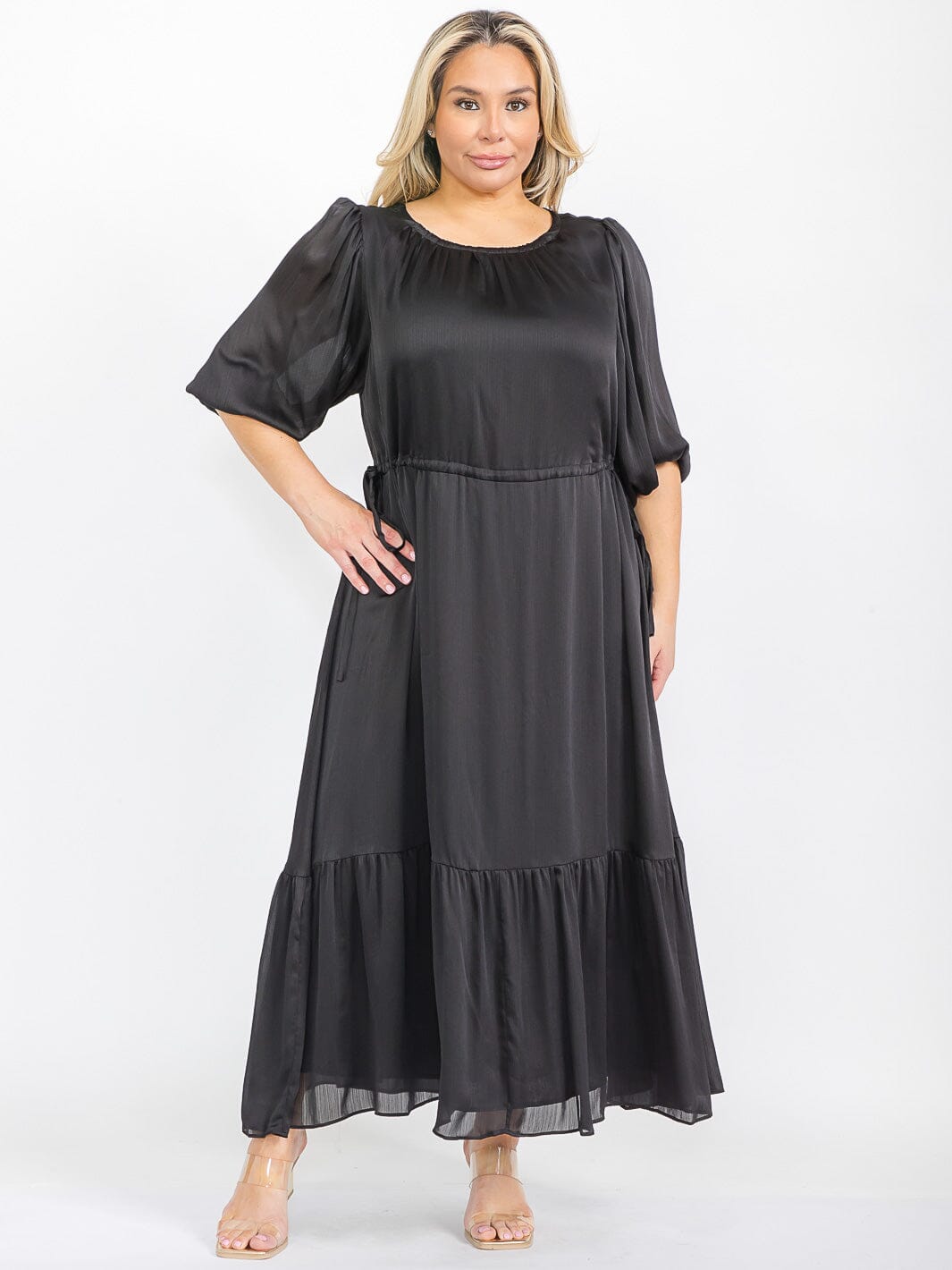 PLUS SIZE SHORT SLEEVE ADJUSTABLE WAIST RUFFLE BOTTOM HEM MAXI DRESS