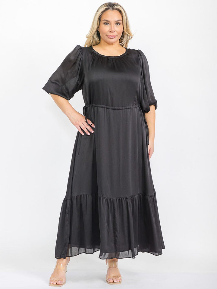 PLUS SIZE SHORT SLEEVE ADJUSTABLE WAIST RUFFLE BOTTOM HEM MAXI DRESS