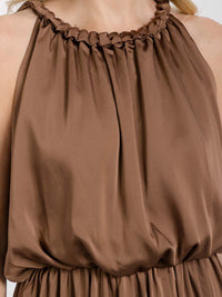 WOMEN'S SLEEVELESS HALTER NECK FRONT POCKETS ELASTIC WAIST MAXI DRESS