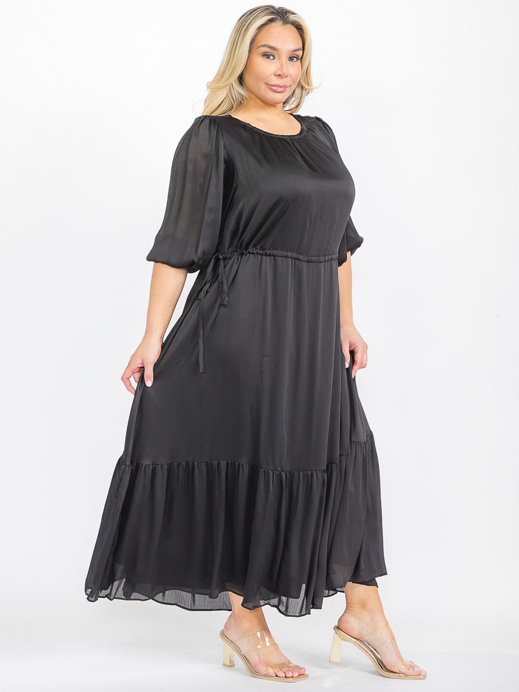 PLUS SIZE SHORT SLEEVE ADJUSTABLE WAIST RUFFLE BOTTOM HEM MAXI DRESS