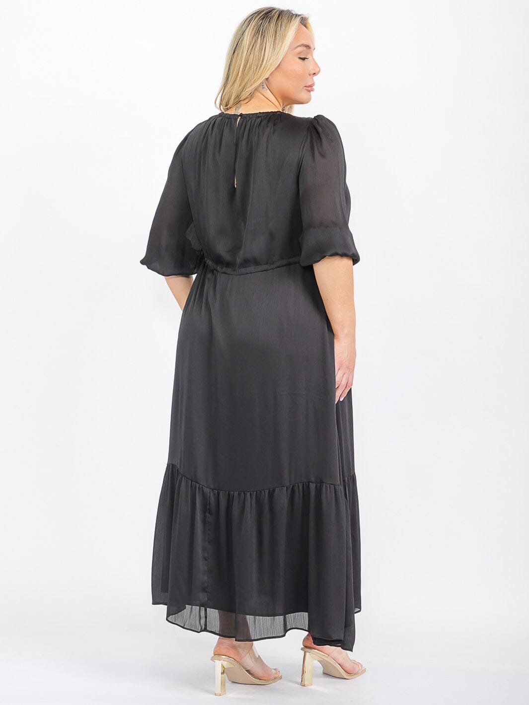 PLUS SIZE SHORT SLEEVE ADJUSTABLE WAIST RUFFLE BOTTOM HEM MAXI DRESS
